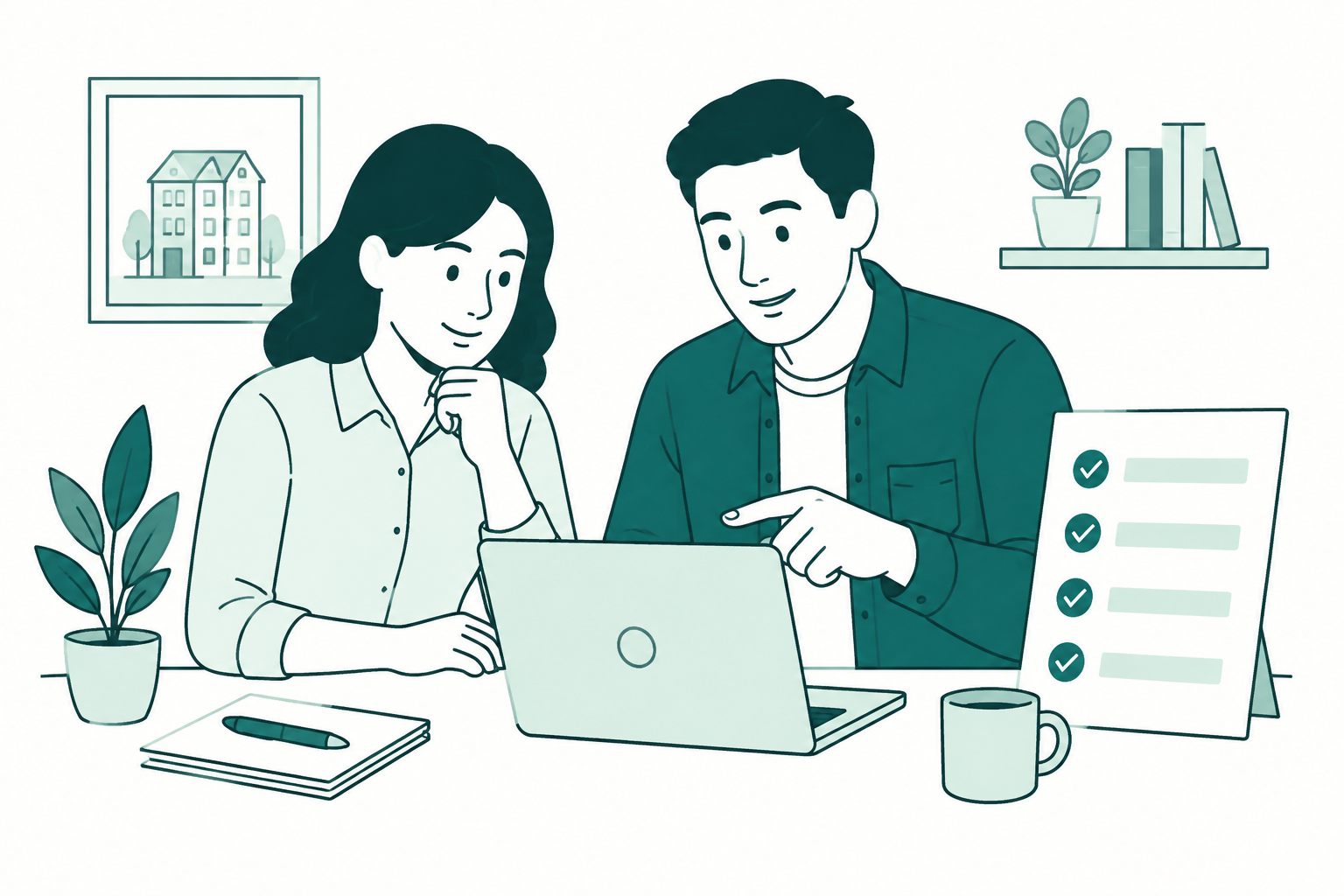 Two people reviewing the software and a checklist together.